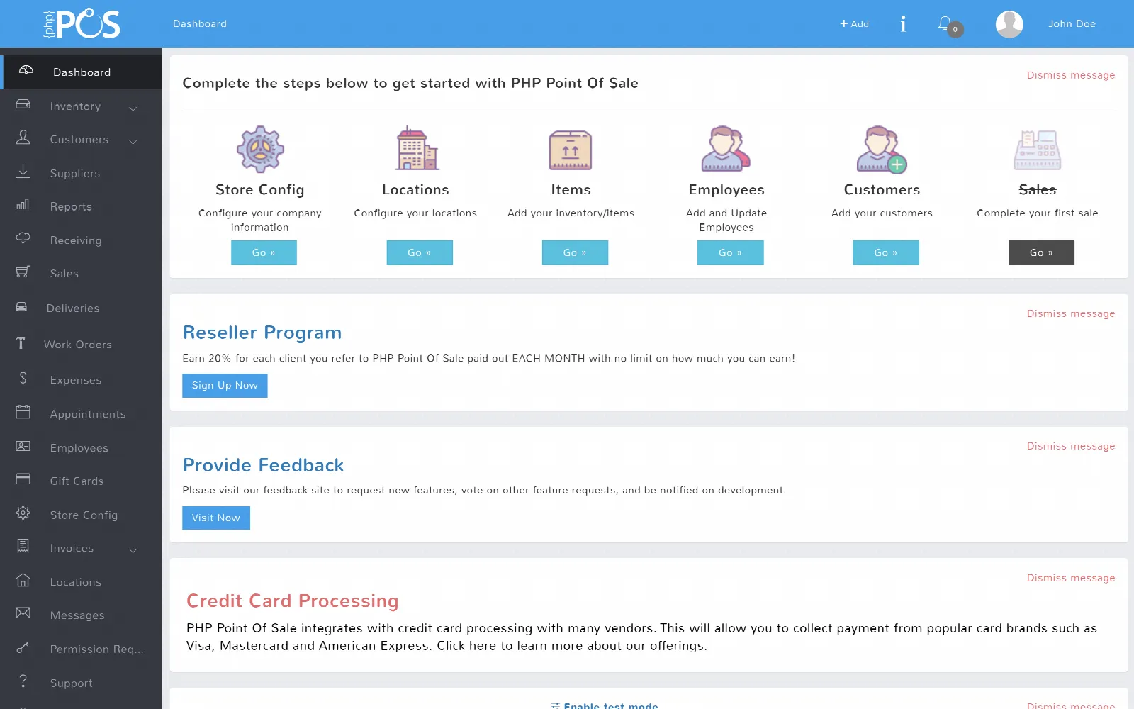 The PHP Point Of Sale dashboard: the module menu on the left, with setup steps and store stats in the center
