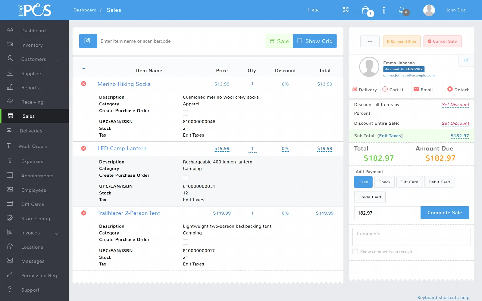 A sale in progress on the register: three items in the cart, a customer attached, and the payment buttons ready