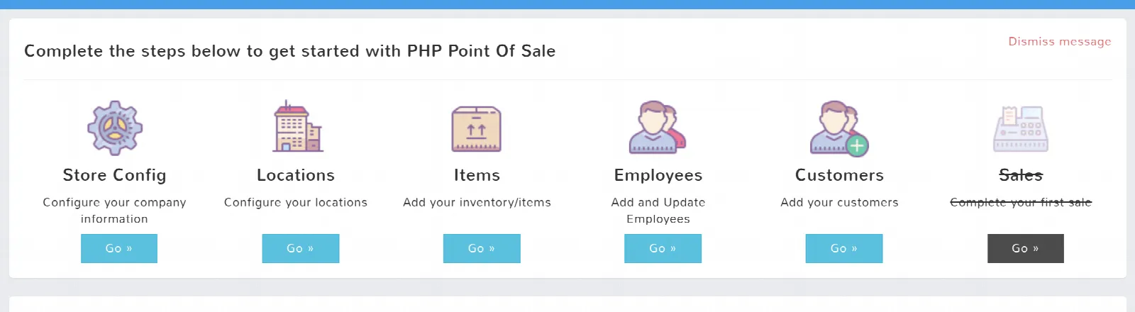 The first-day setup checklist on the dashboard: Store Config, Locations, Items, Employees, Customers and Sales
