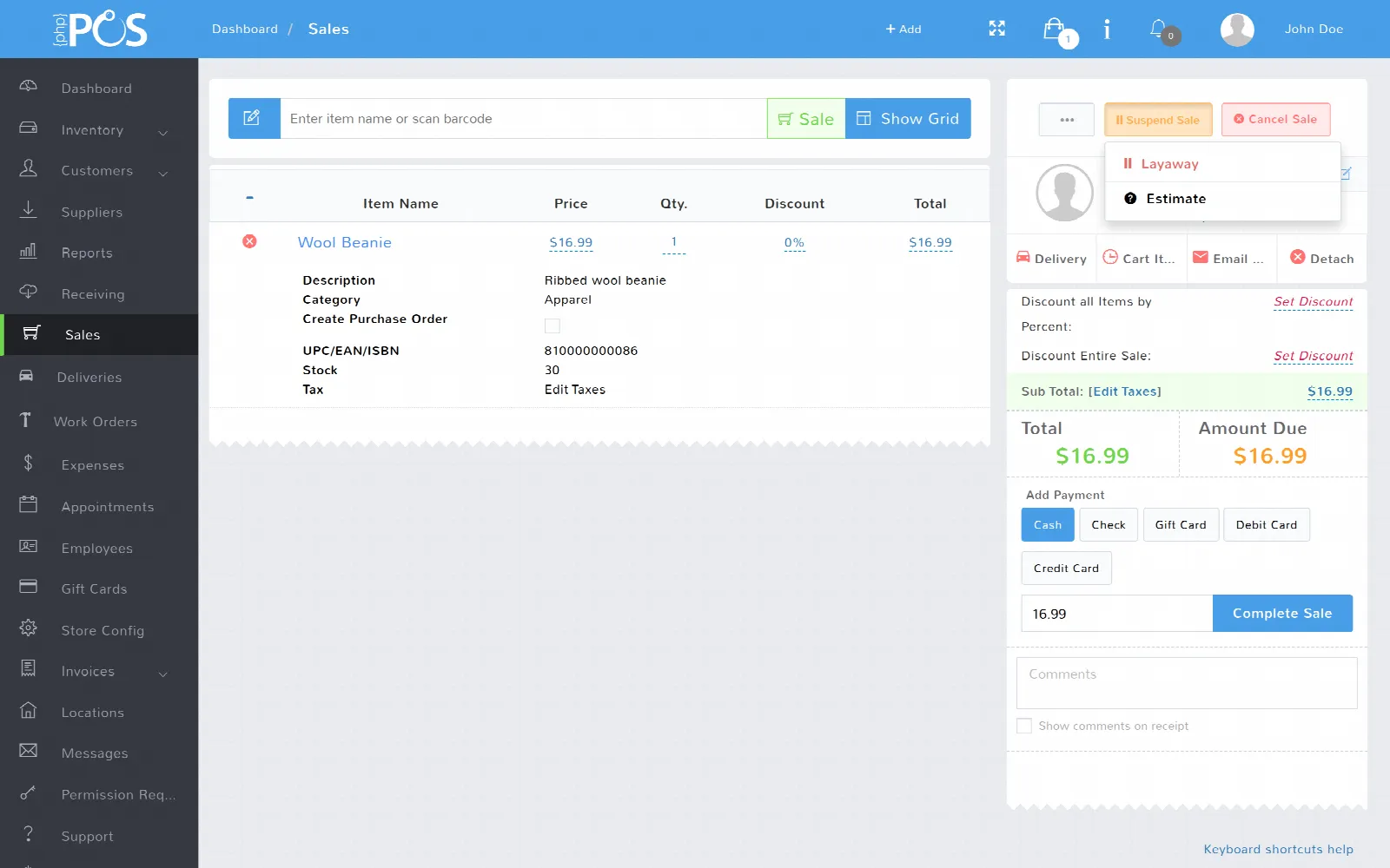The Suspend Sale menu on the register, offering Layaway and Estimate for the sale in the cart