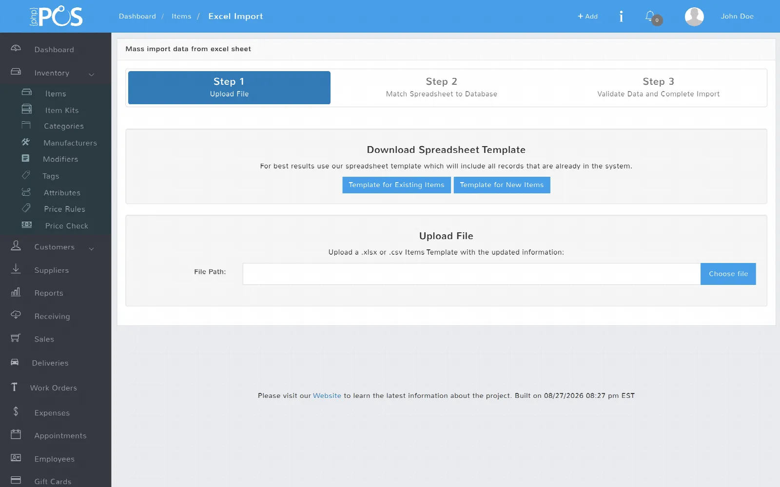 The Excel import wizard: upload the file, match spreadsheet columns to the database, then validate and import