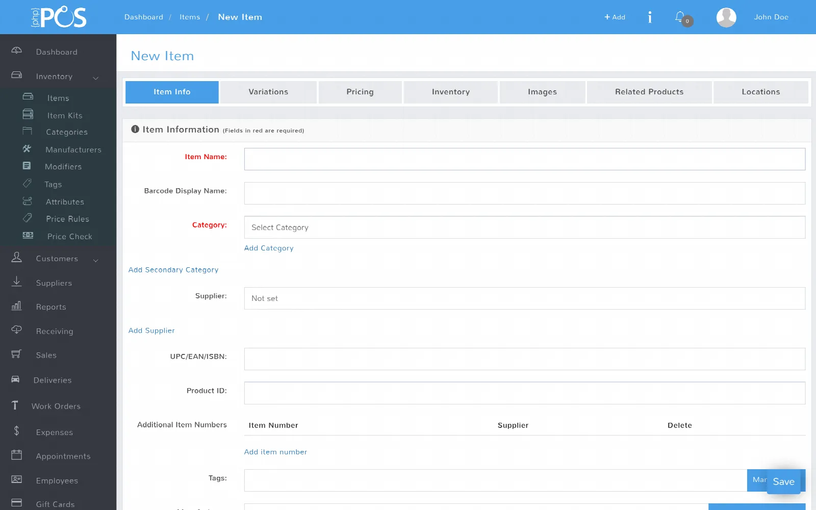 The new item form, with tabs for item info, variations, pricing, inventory, images, related products and locations