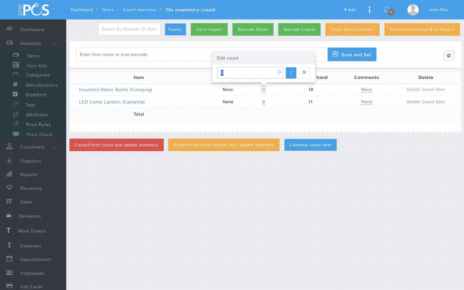 An open inventory count: scanned items with counted and on-hand quantities, and the actions to close the count