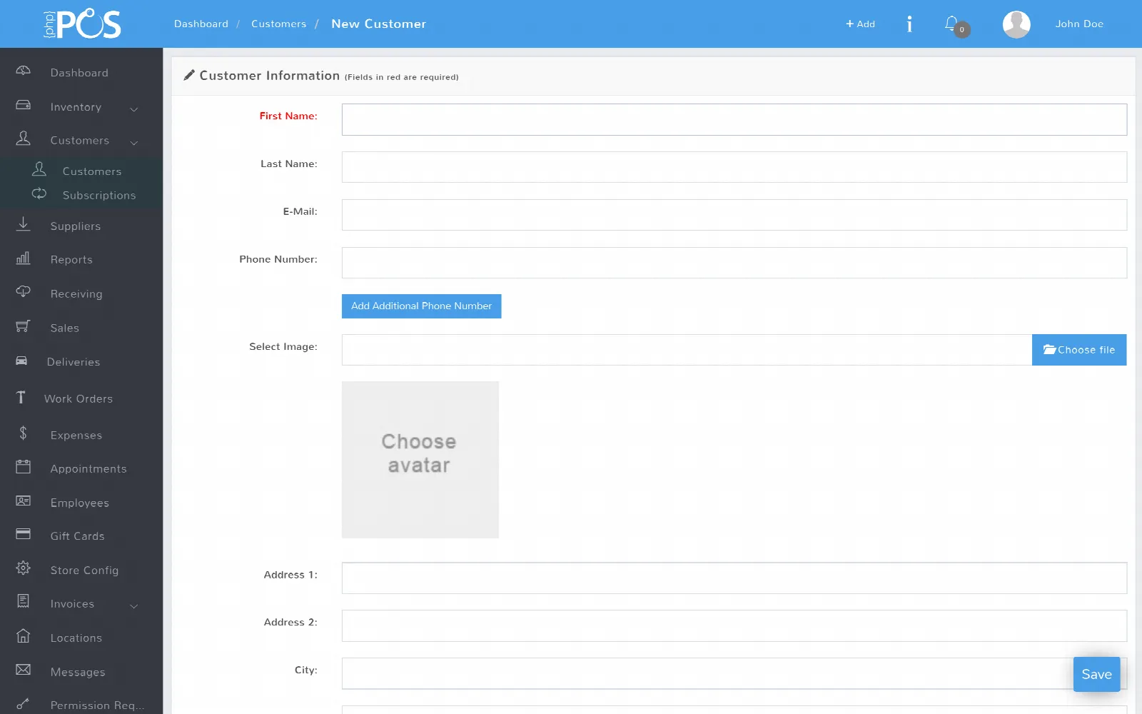 The new customer form with contact, tax, loyalty and store account fields