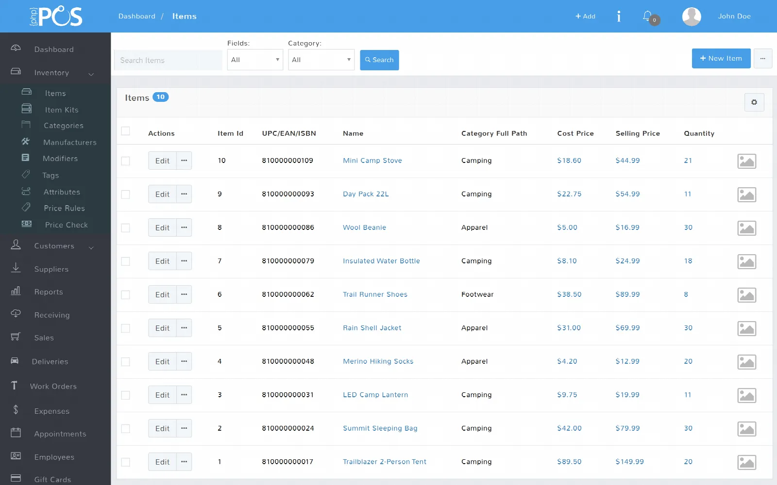 The items list showing cost, selling price and quantity on hand for each item