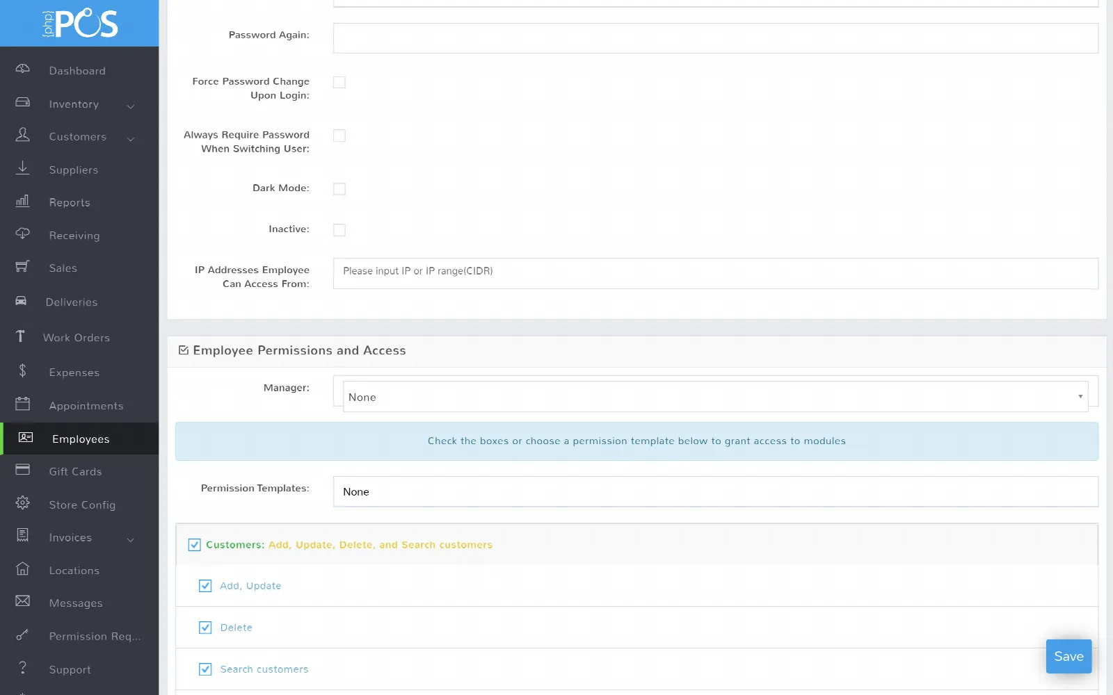 Employee permissions: the template picker and per-module checkboxes with individual actions