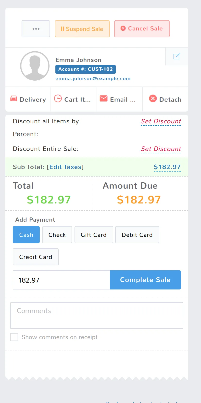 The payment panel on the register: amount due, tender buttons for cash, check, gift card and cards, and Complete Sale