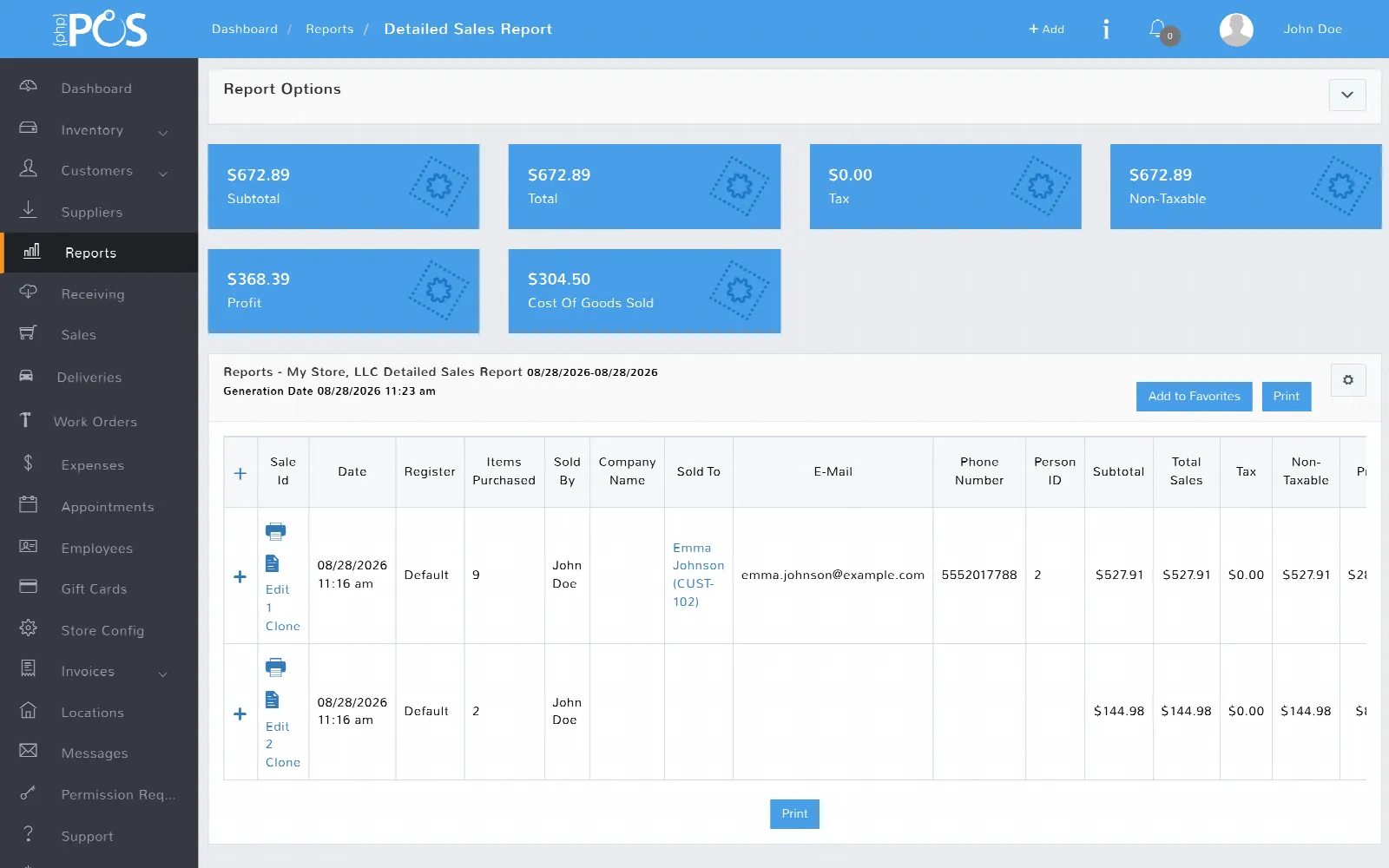 A detailed sales report: subtotal, tax, profit and cost tiles above every sale in the date range