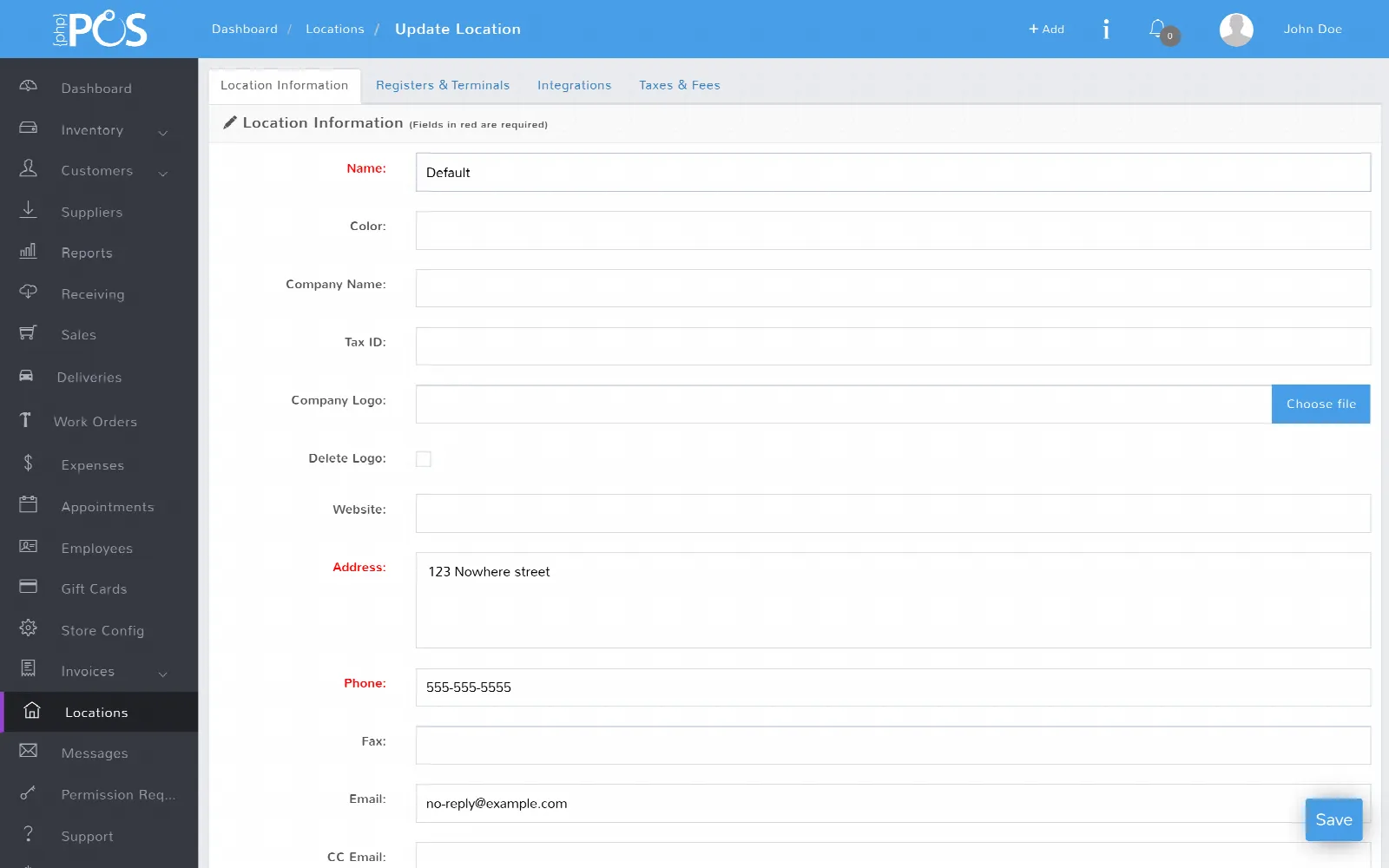 The location settings form, where each location configures its details and payment processing