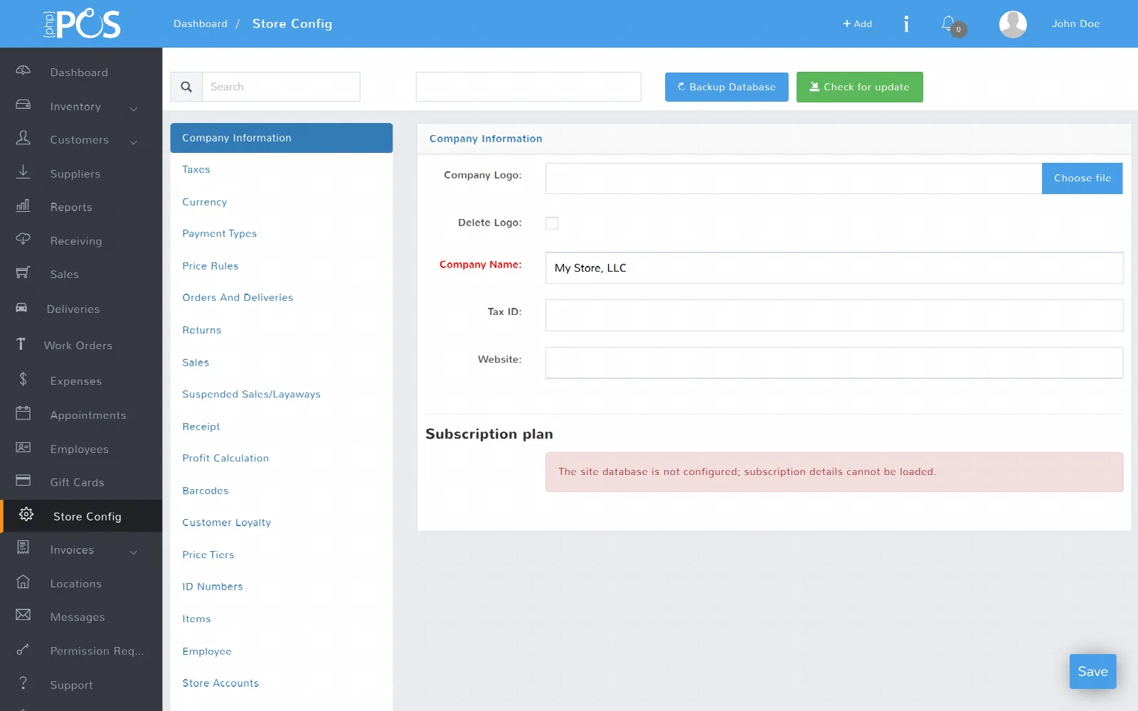 The Store Config screen with its sectioned settings