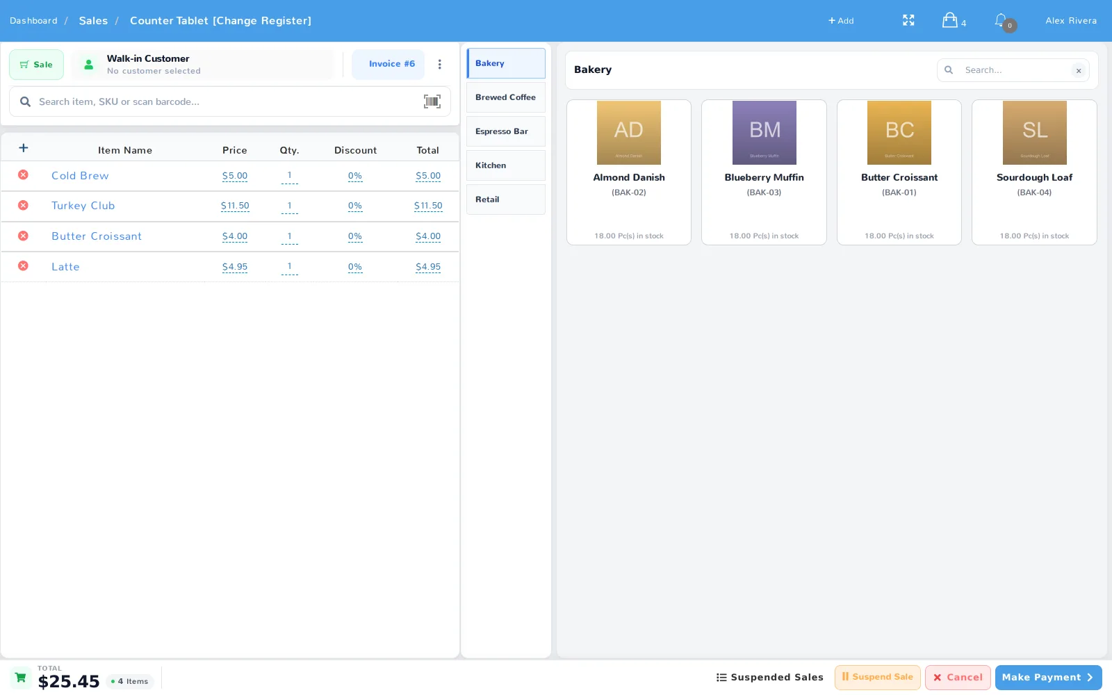 The Touch UI register: four items in the cart panel on the left, the product grid with category tabs on the right, and the payment bar along the bottom