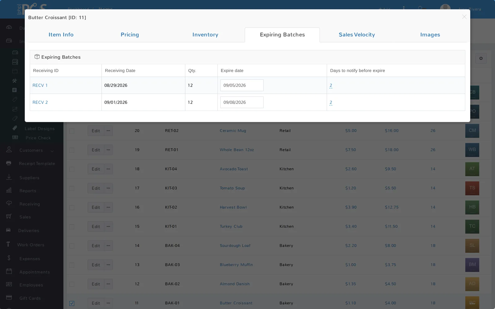 An item's Expiring Batches tab listing each receiving batch with its quantity, expire date and days to notify before expire