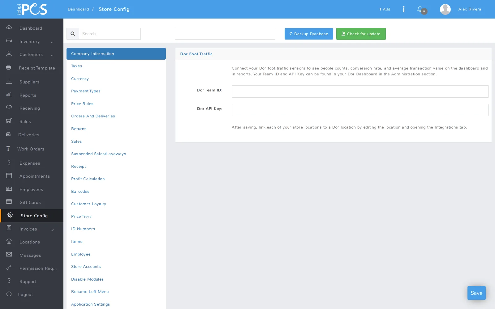 The Dor Foot Traffic section of Store Config, with the Dor Team ID and Dor API Key fields