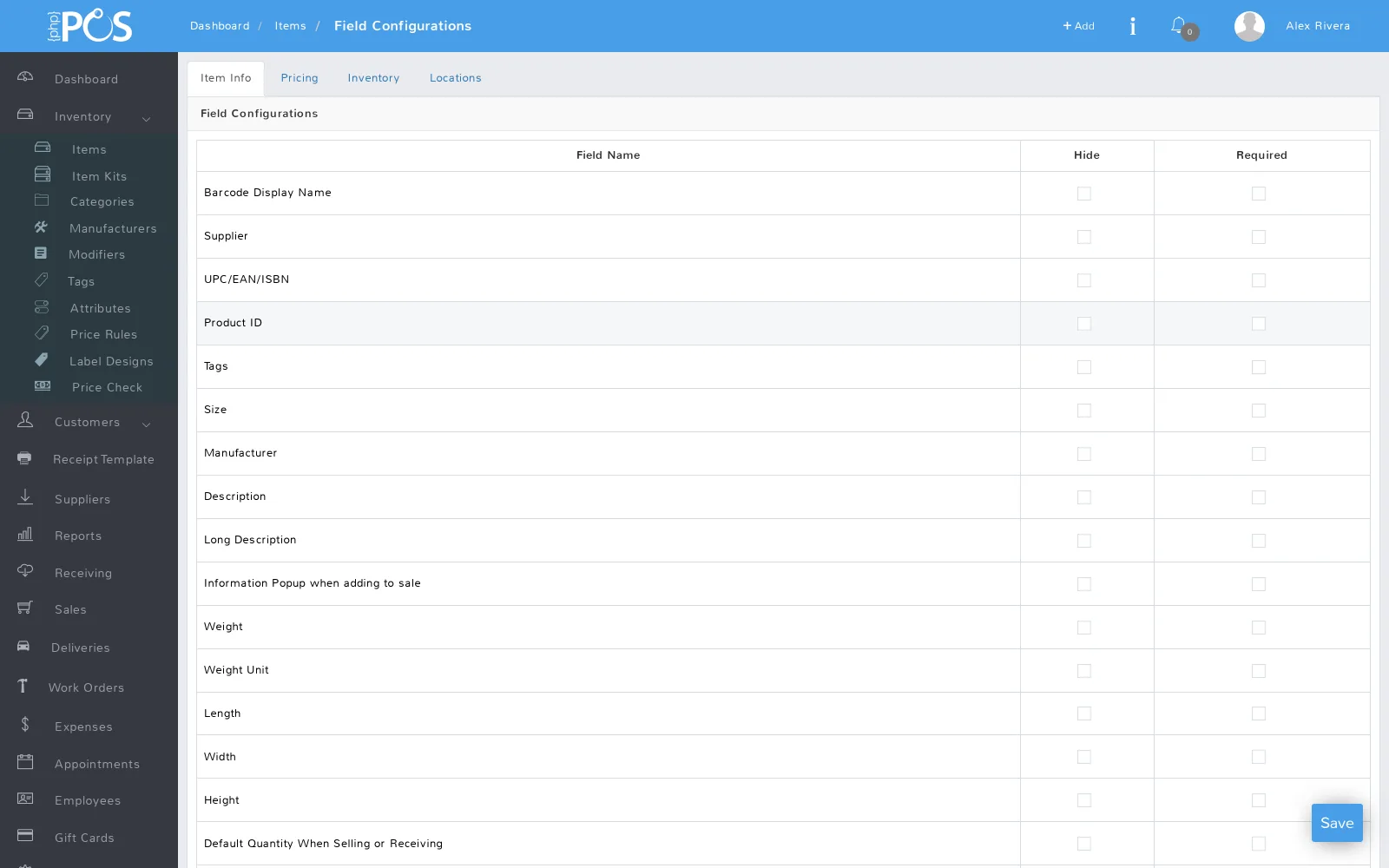 Field configurations for the item form: one row per field with Hide and Required checkboxes, split across the form tabs